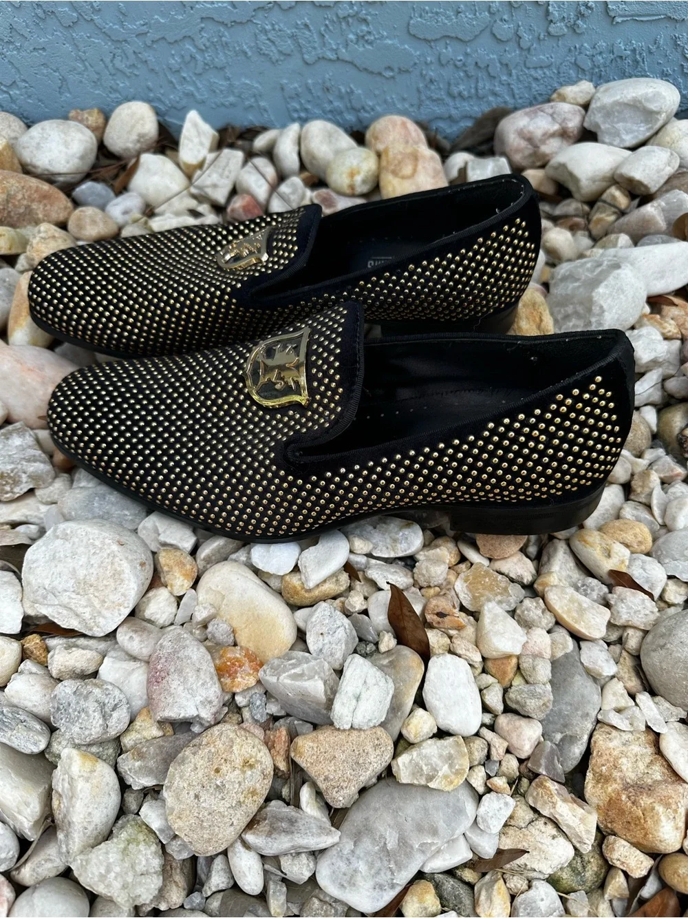 Stacy Adams Black Velvet Studded Slip-On Loafers with Gold Crest